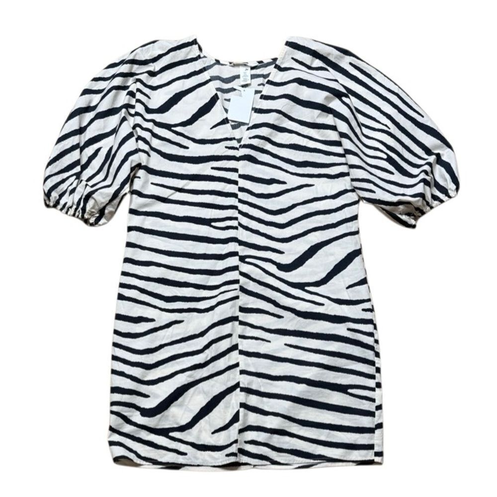 NWT H&M Zebra Striped Puffy Sleeve Dress Cream and Black Small - Picture 2 of 7